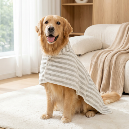 Golden retriever wearing the Pawfect Quick-Dry Dog Bath Robe in grey stripe on a neutral background