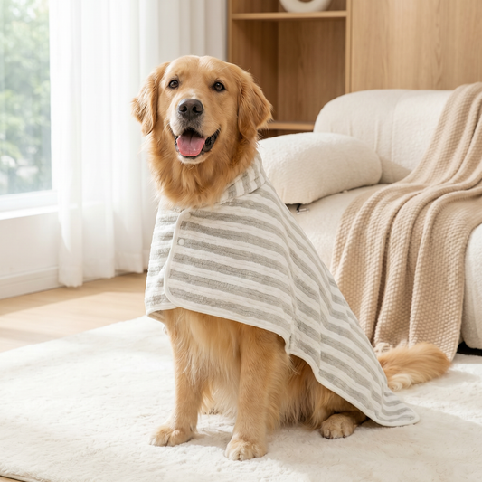 Golden retriever wearing the Pawfect Quick-Dry Dog Bath Robe in grey stripe on a neutral background