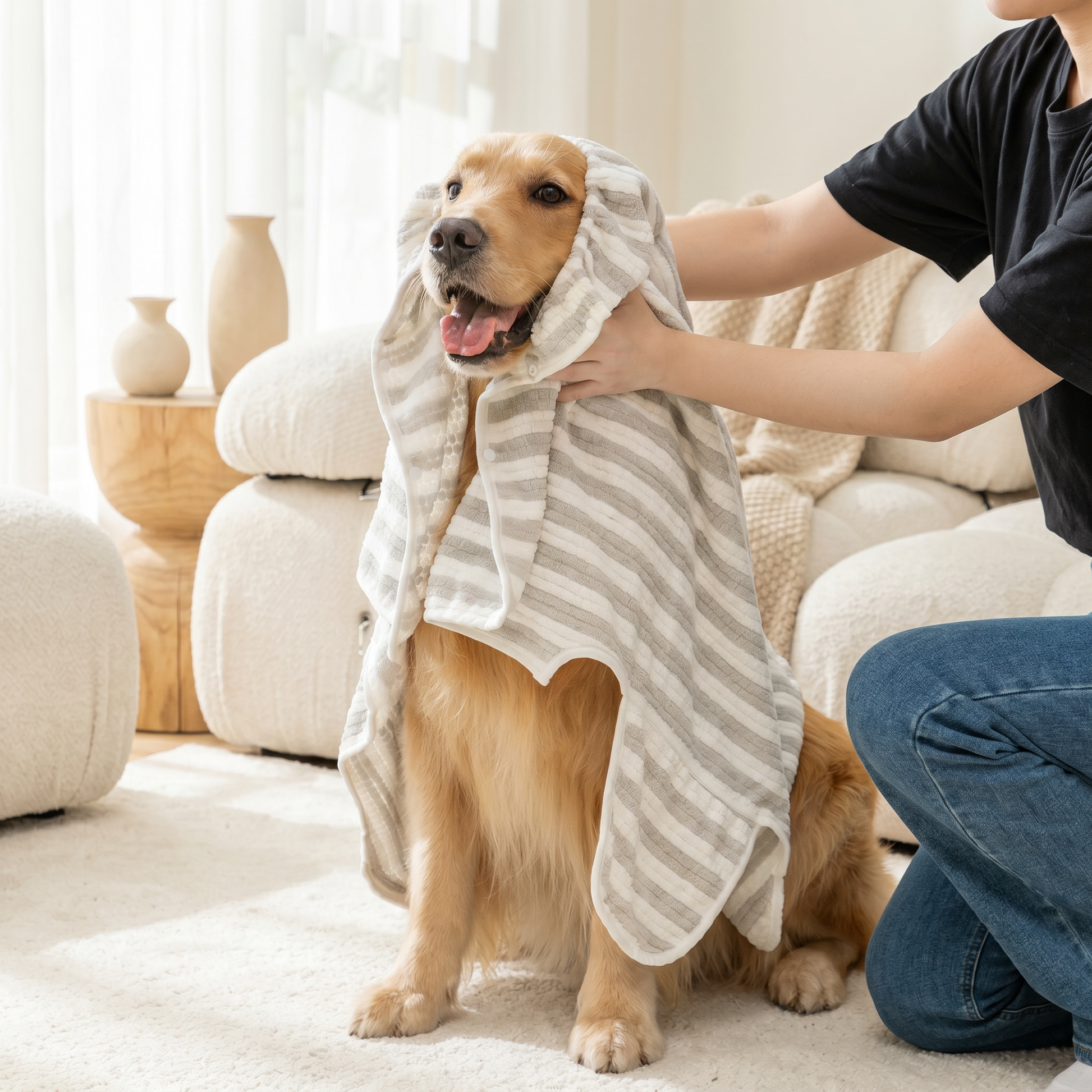 Owner drying a golden retriever with the Pawfect Quick-Dry Dog Bath Robe grey stripe towel