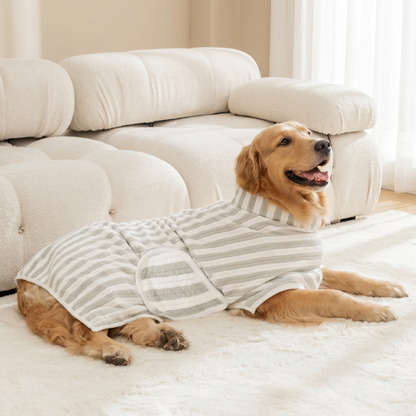 Golden retriever lying down wearing the Pawfect Quick-Dry Dog Bath Robe in grey stripe