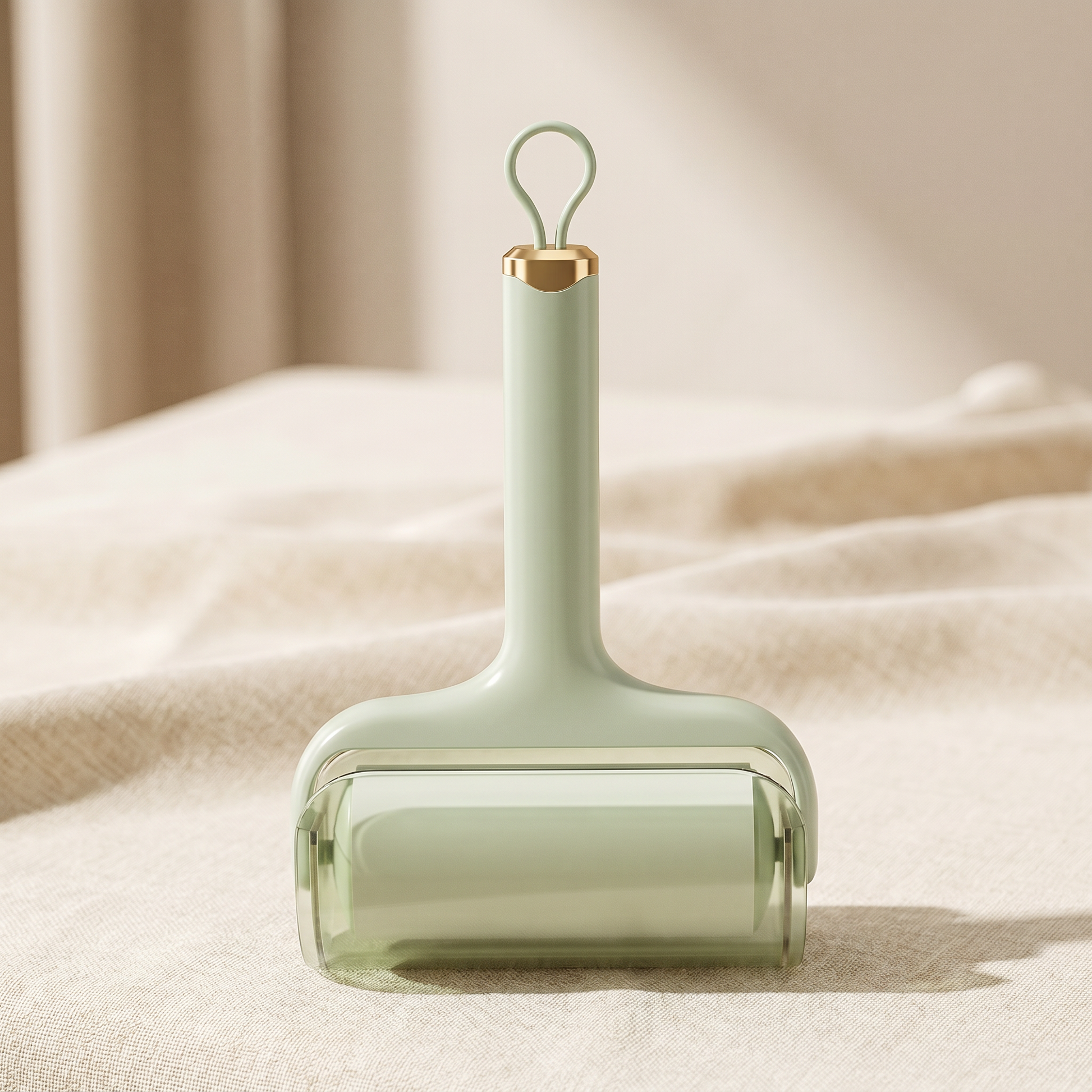 Light green Pawfect Sticky Pet Hair Roller with gold handle on a neutral background