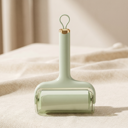 Light green Pawfect Sticky Pet Hair Roller with gold handle on a neutral background