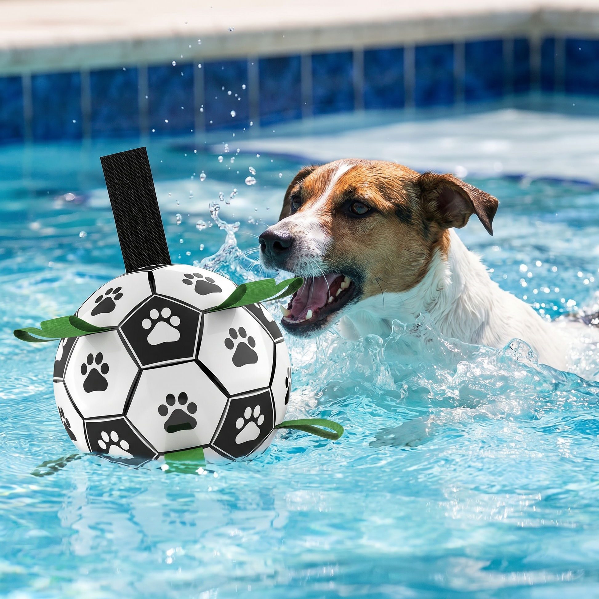 Dog reaching for the floating Pawfect Interactive Dog Football in a pool
